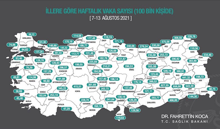 Son 1 haftada vaka sayısı en çok artan 5 il